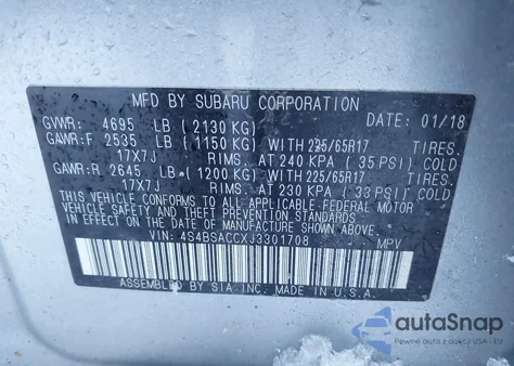 2018 Subaru Outback 2.5I Premium z USA, uszkodzony, nr VIN 4S4BSACCXJ3301708